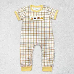 Little Boys embroidery turkey Rompers Thanksgiving Clothing Newborn baby boutique wholesale infant short sleeves checked bubbles