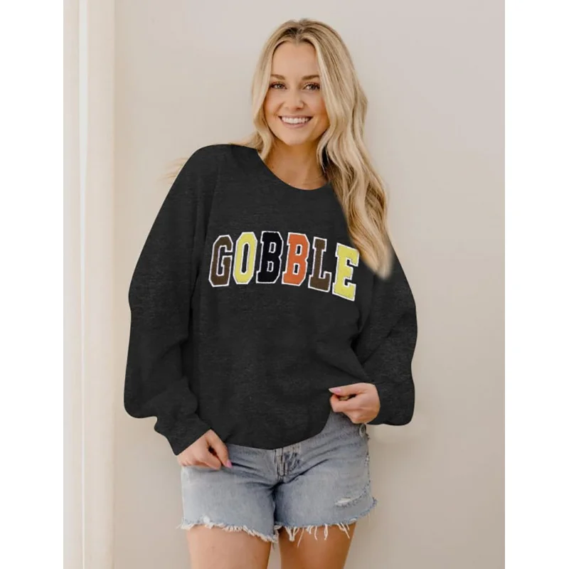 Thanksgiving sweatshirt women's colorful letter printed long sleeved round neck autumn pullover