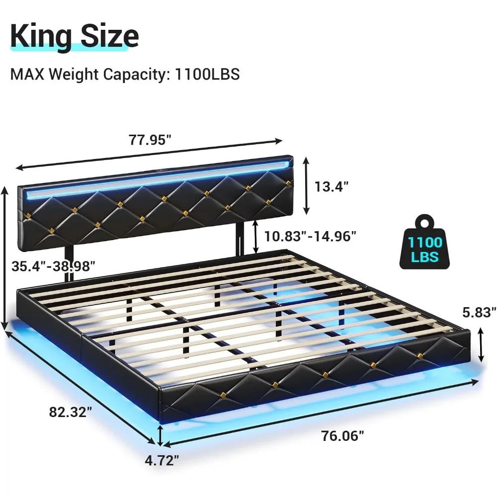 Pływająca rama łóżka King Size z oświetleniem LED i portami USB, rama łóżka King Size z platformą ze sztucznej skóry z zagłówkiem, łatwa w montażu