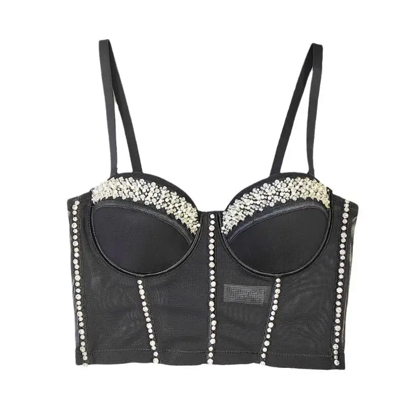 2024 New Women Mesh Camisole Top Beaded Bright Diamonds Fashion Backless Crop Top Bustier Bra Night Club Party Tank Tops p920