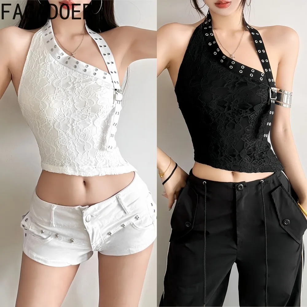 FAGADOER Spring New Sexy Lace Patchwork T-shirt for Woman Solid Color Halter Sleeveless Backless Crop Top Female Streetwear 2026