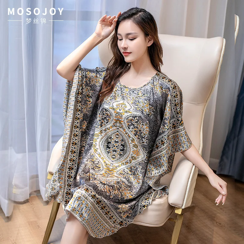 Oversized Chinese Women Silky Rayon Nightdress Robe Dress Sexy Summer Floral Printing Nightwear Kimono Nightgown Flowers