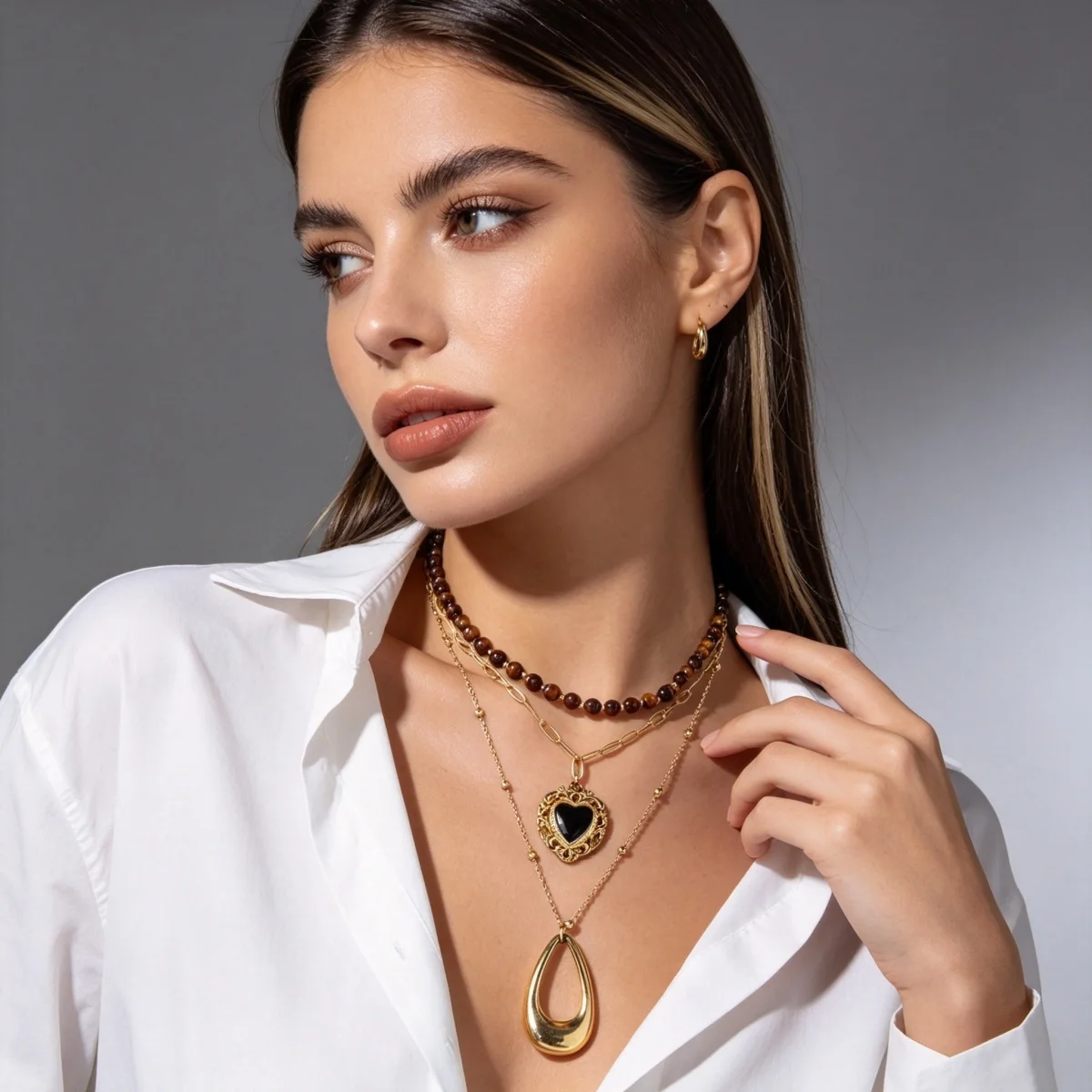 Retro Natürlicher Tigerauge-Stein Herz Hohler Wassertropfen Anhänger Halskette für Frauen Männer Mehrschichtige Tropfenform Stapelbare Choker-Schmuckstücke – Detail 14