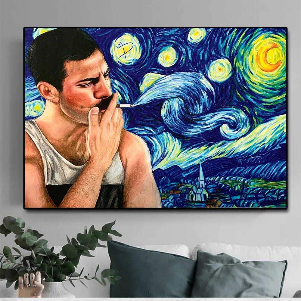 

Freddie Mercury Rock Star Van Gogh Starry Night Posters Pictures Canvas Wall Art Home Decor Paintings for Living Room Decoration