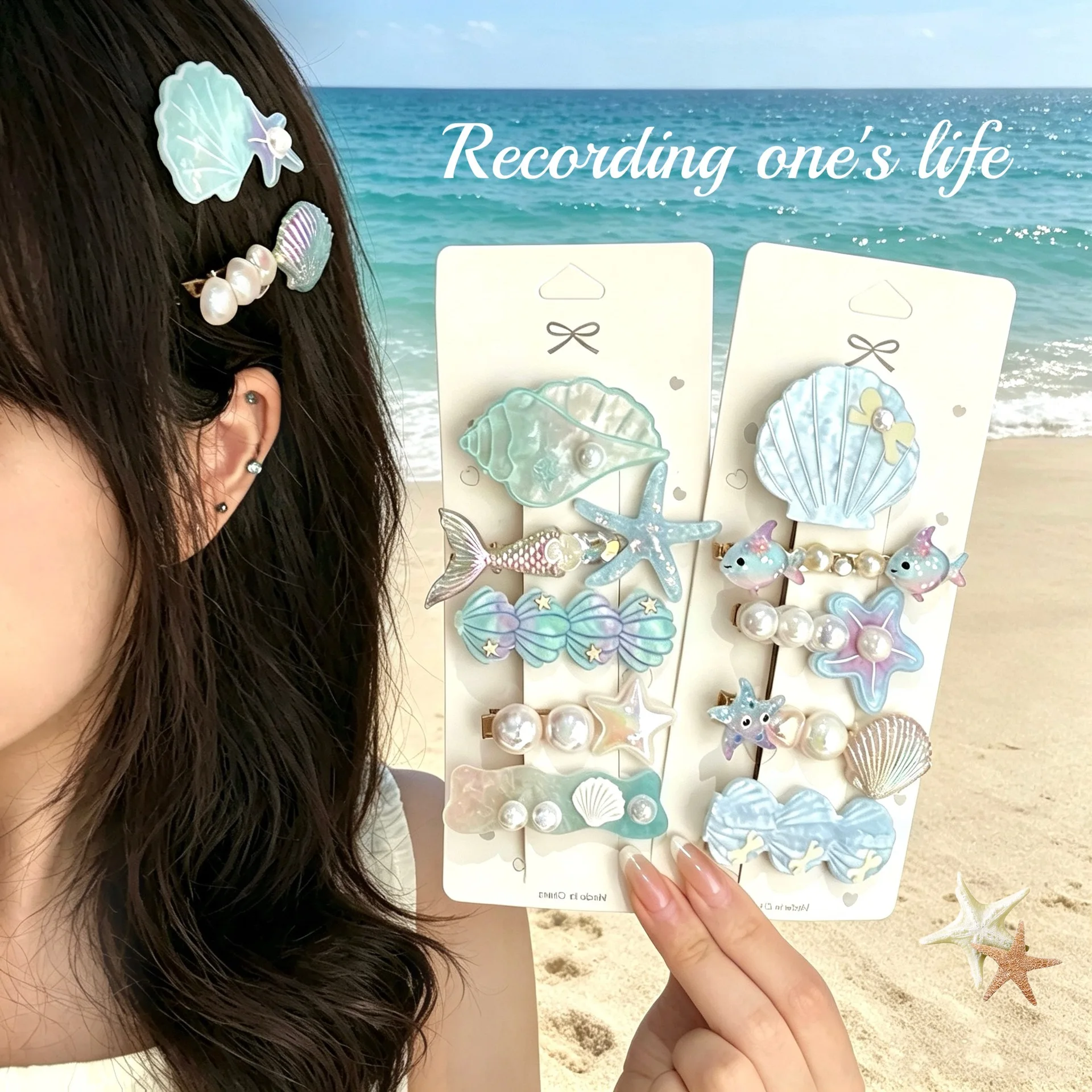 

5/20 Pcs beach vacation style acrylic shell conch hair clip set with side clip and sweet duckbill clip