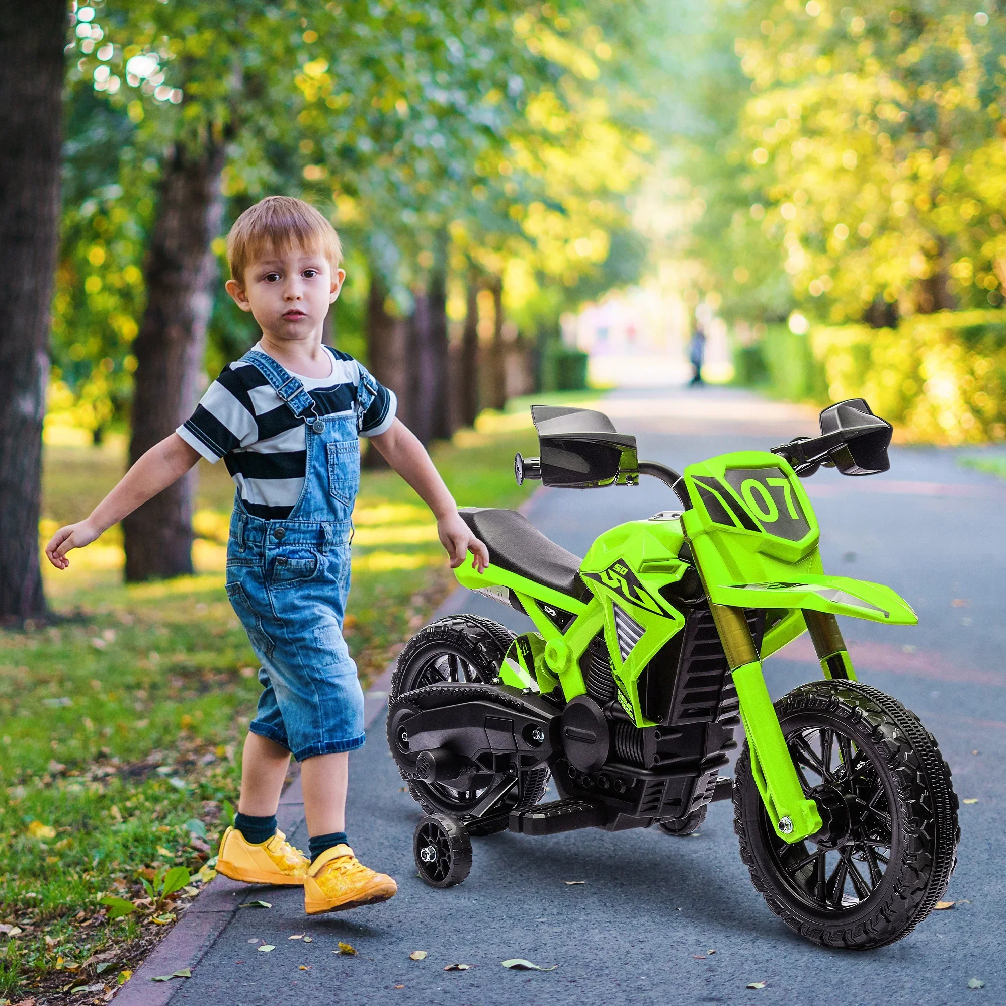 Kids Motorcycle, 6V Battery Powered Dirt Bike with Training Wheels, Horn & Start Sound, Electric Motorbike for Kids 3-8 Years