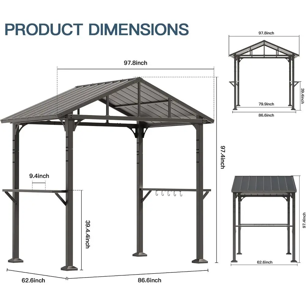 8' x 5' Outdoor BBQ Gazebo with Steel Roof, Side Shelves, and Hooks for Patio Garden