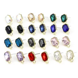 6PCs 0.7mm Multicolor Glass Ear Post Stud Earrings Findings Octagon Gold Color Metal W/ Loop Earrings Women Jewelry 15mm x 10mm