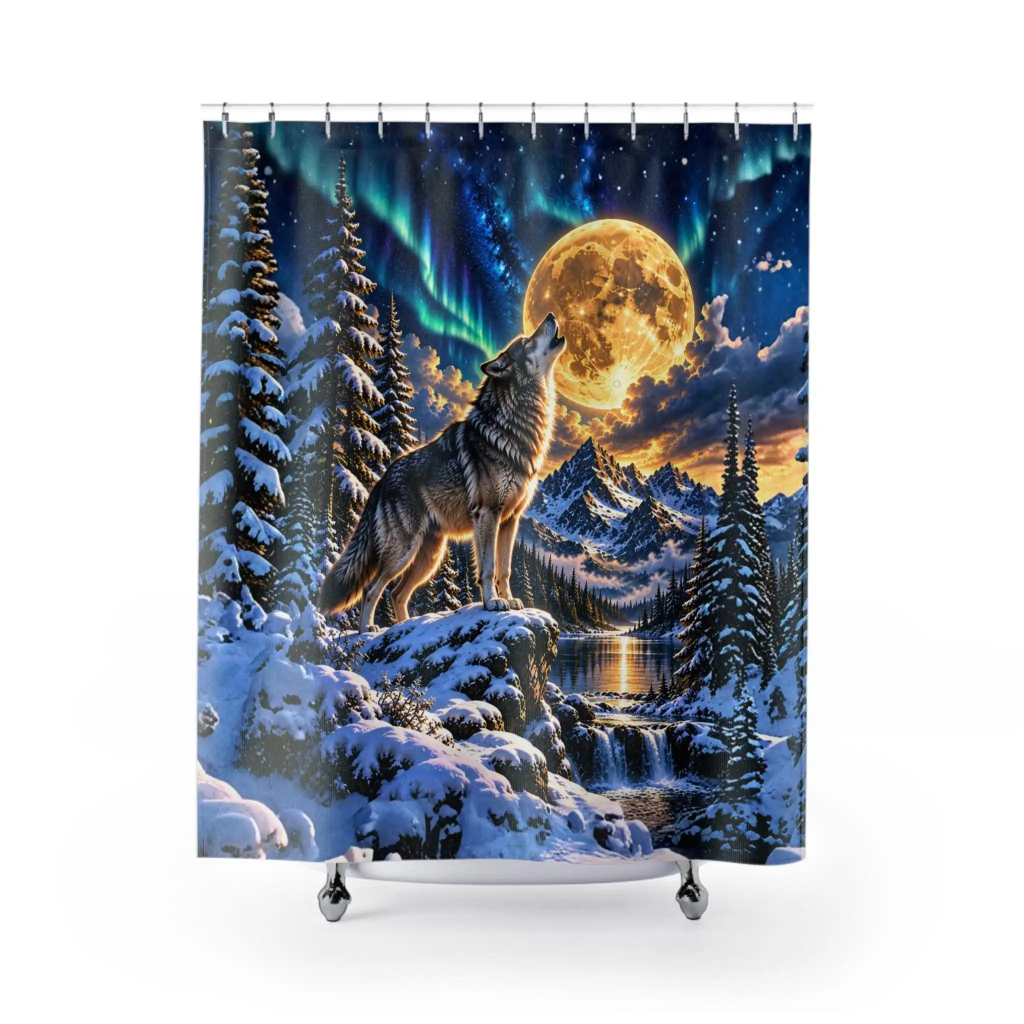 Moonlit Wolf Under Aurora Borealis Forest Waterfall Shower Curtain Bathroom Decor