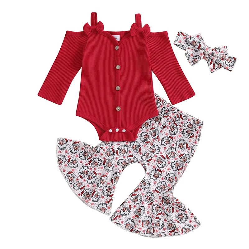 Baby Girl Christmas Outfit Bell Bottoms Ribbed Romper Button Bodysuit Cold Shoulder Knit Top Flare Pants Headbands