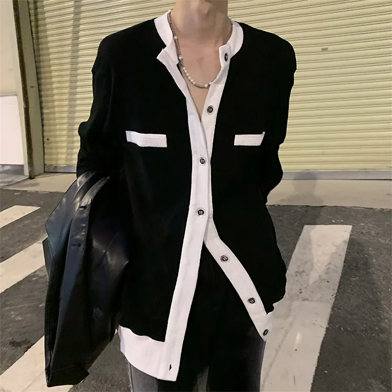 Elegant Preppy Style Men's Knitwear Black White Loose Fit Cardigan Spring Autumn Casual Fashion Classic Retro Sweater