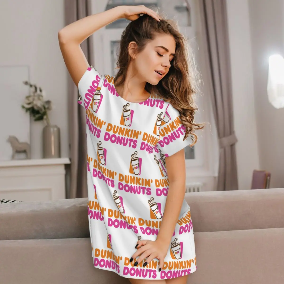 Custom Dunkin Donuts Short Sleeves Nightdress For Sleeping Sleepshirts Women Short Sleeve Nightgowns Soft Pajama Dress
