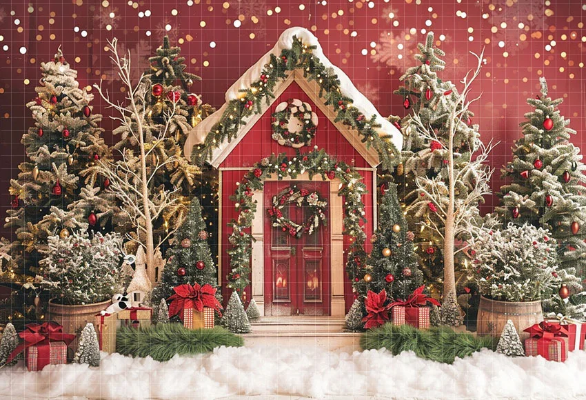 Mehofond Photography Background Winter Christmas Snowy Red Front Door Xmas Tree Kids Family Portrait Decor Backdrop Photo Studio