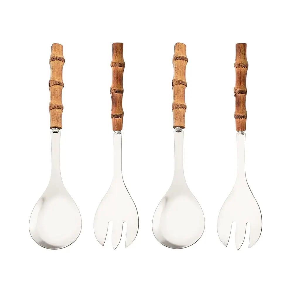 

Serving Spoon And Fork Set, 304 Stainl Steel Serving Utensils With Natural Bamboo Handle, 10"" Long Handle Serving Set For