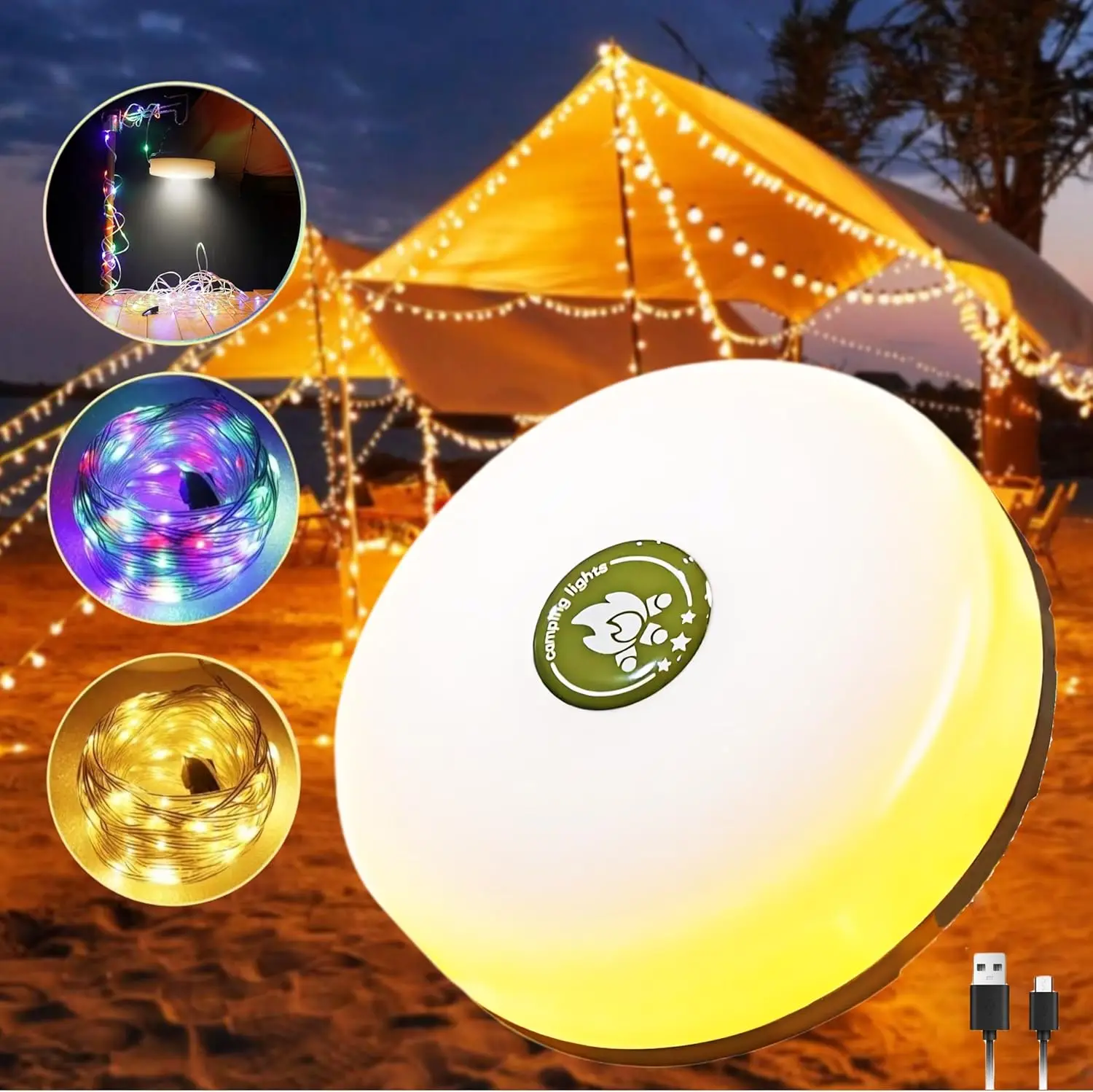 

D2 Rechargeable 32.8FT Camping 10M String Lights 2 in 1 Quick Storage Tent Light with 5 Lighting Modes Hanging Portable LED Lamp