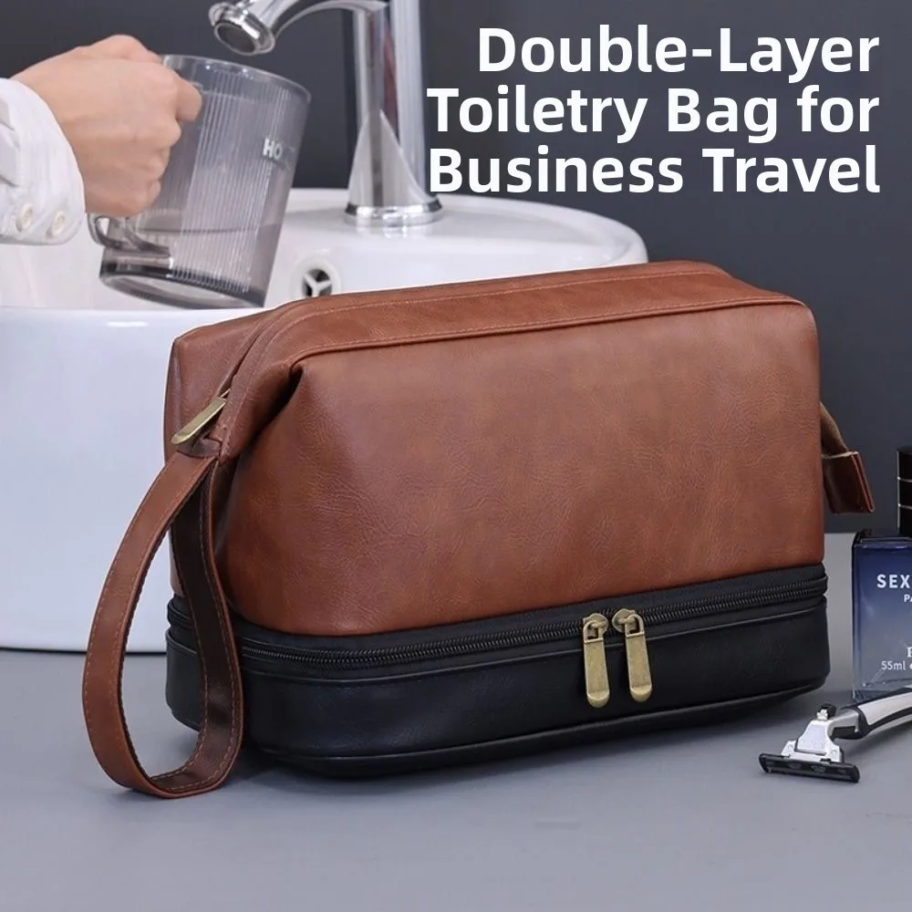 

Мужская косметичка большой вместимости из искусственной кожи, водонепроницаемая, с разделением на сухие и влажные отделения, в ретро-стиле, для путешествий и деловых поездок.