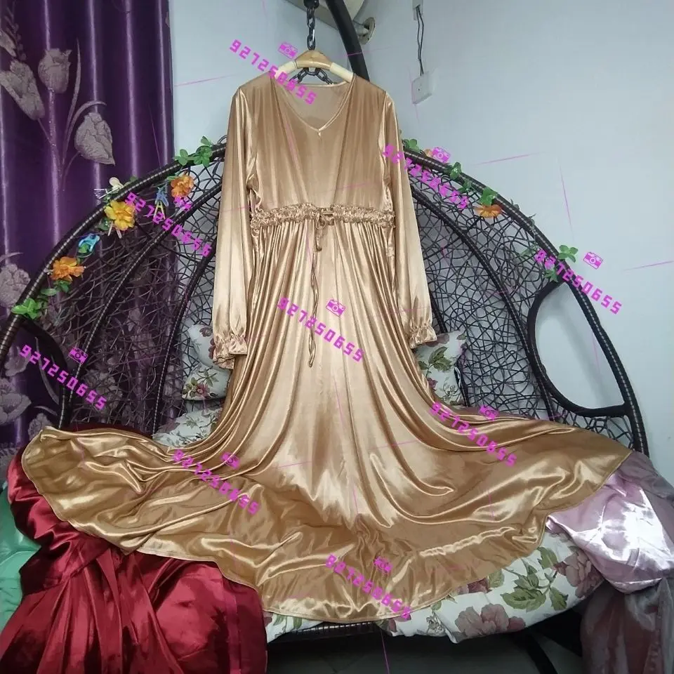 Vestido feminino de manga comprida de cetim, vestido maxi solto babados, robe de dormir brilhante, plus size