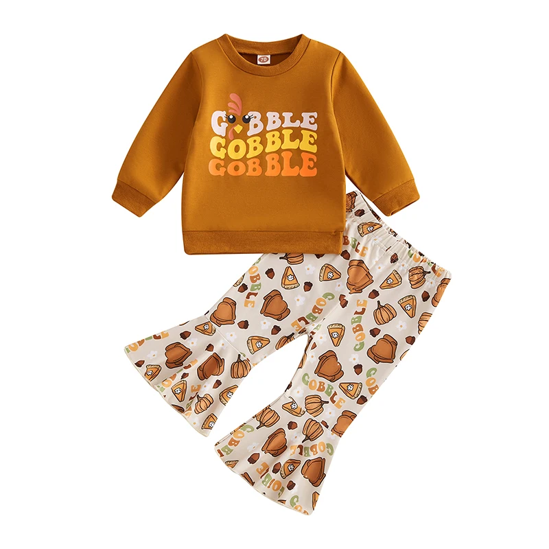 

Girls Thanksgiving Pants Sets Long Sleeve Letter Turkey Print Tops Flared Pants Sets