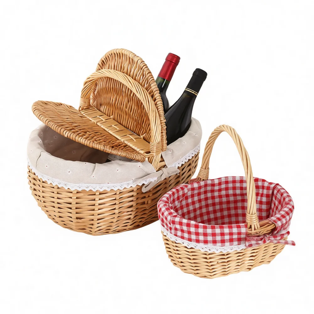 Natural Wicker Picnic Basket Handwoven Storage Organizer Decorative Round Portable Flower Container Home Wedding Accessory Craft