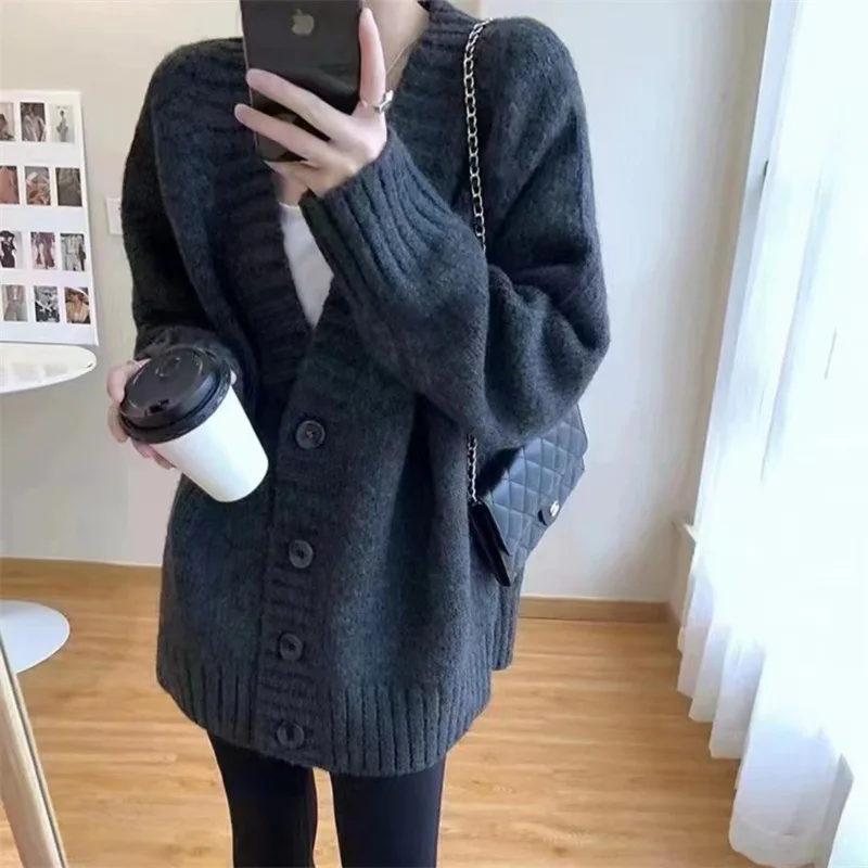 Chaqueta de suéter caqui para mujer, cárdigan de punto holgado y adelgazante, versión coreana de otoño e invierno