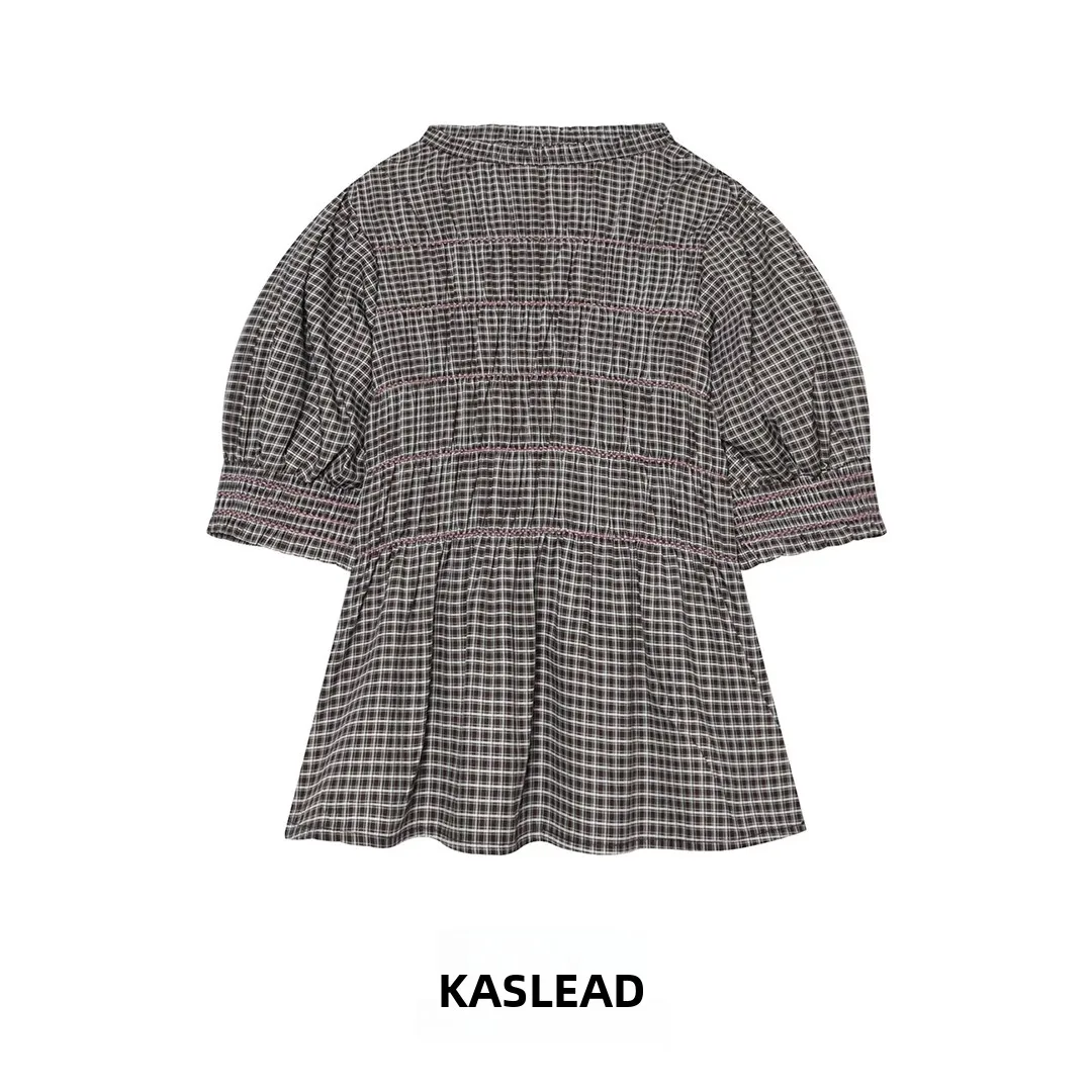 

Fashionable Brown Honeycomb Patterned Shirt Versatile Women's Clothing KASLEAD New Style Breathable Short Sleeve Polyester Fiber