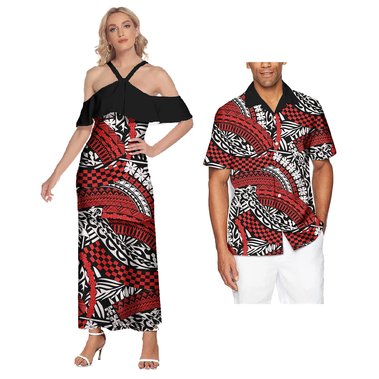 Polynesian Puletasi Ruffle Off Shoulder Dresses Women Lady Elegant Sexy Casual Dress and Men Shirt Sets Couple Matching Clothing