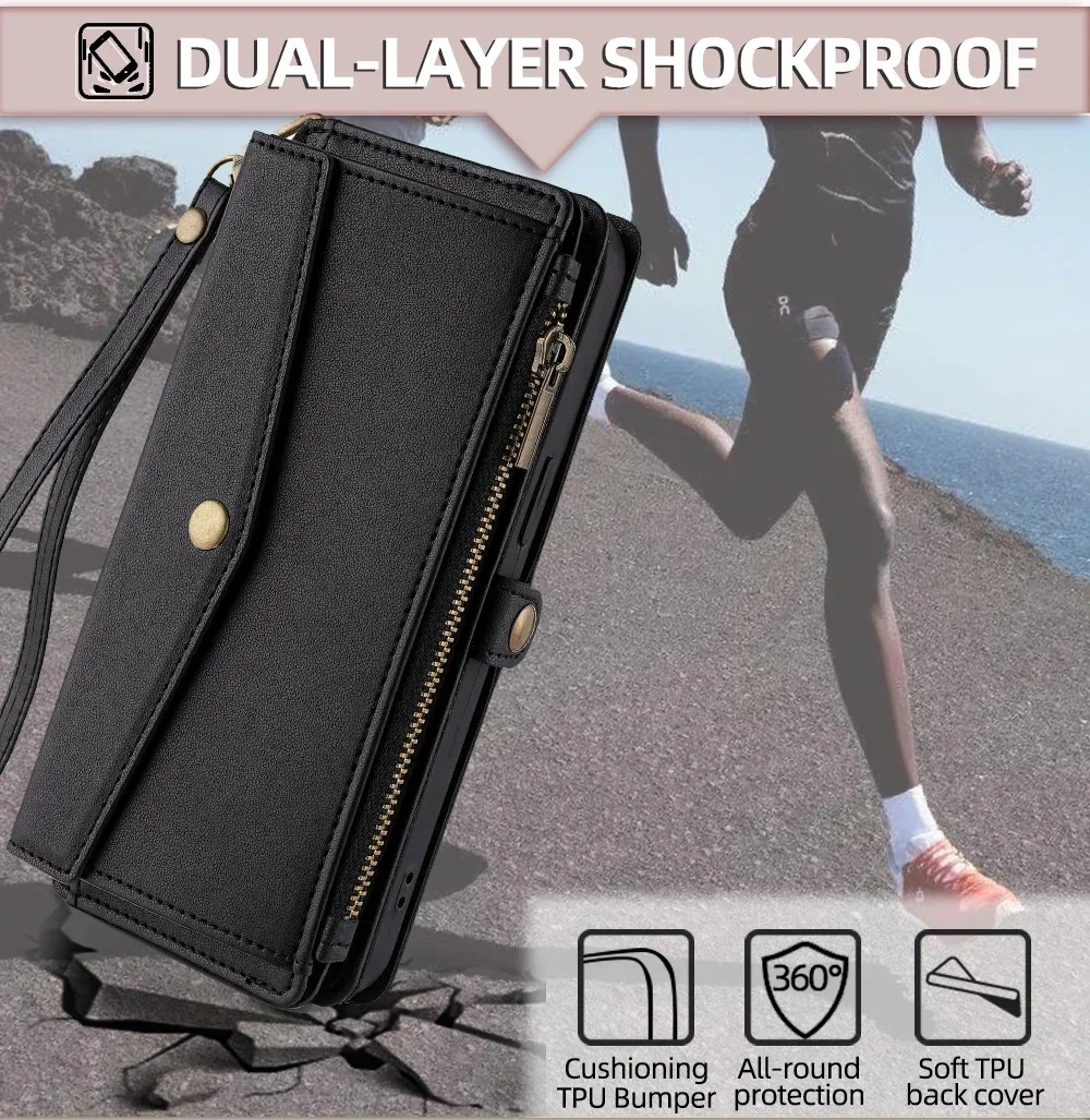 Reißverschluss PU-Leder Brieftasche Buchcover Handyhüllen für iPhone 16 16E 17 Air Pro Plus Max Flip Cover Multifunktionale Berging Bags – Detail 8