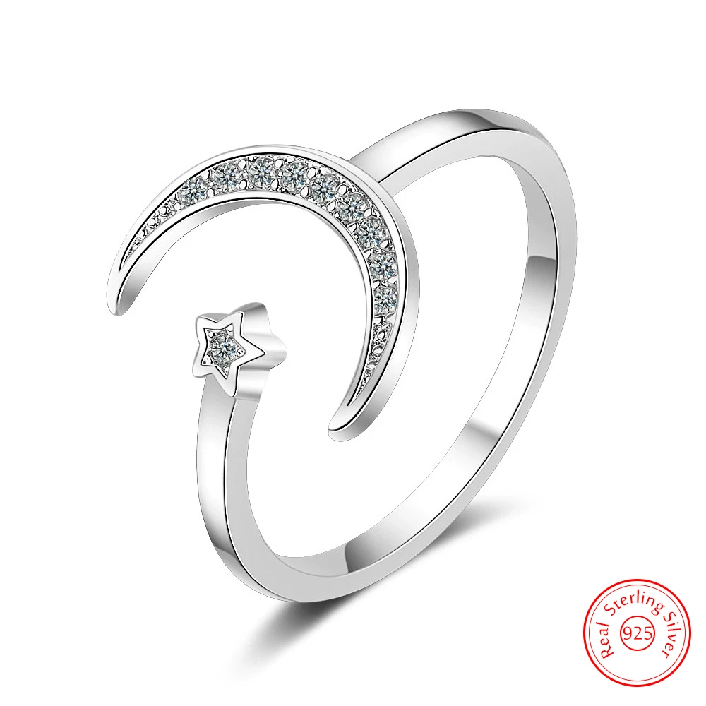 

Solid 925 Sterling Silver Woman's New Crystals Zircon Moon Star Ring Jewelry Fashion FQL25107