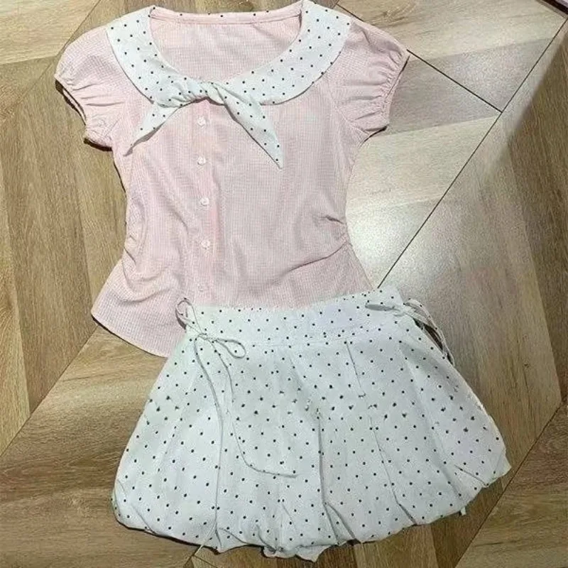 Hot Girls Harajuku Kawaii Lolita Two Piece Outfit Y2K Gothic Punk Tops Casual Plaid Mini Skirt Street Nightclub Fashion Wear