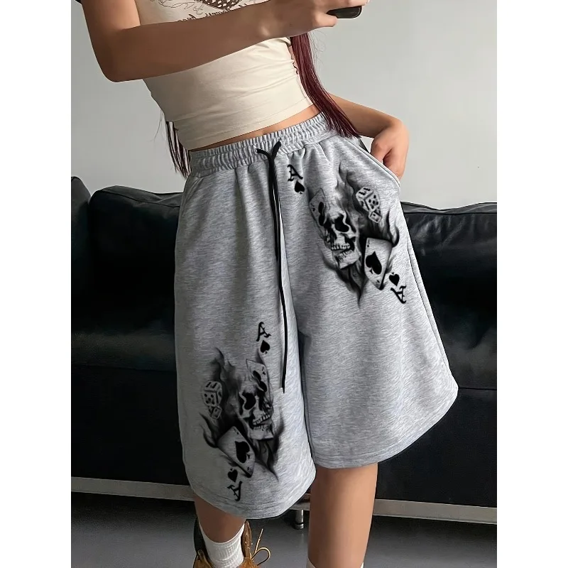 Women's Street Retro Men's and Women's Fashionable Skull Print Five Quarter Shorts Loose Shorts Summer New Style