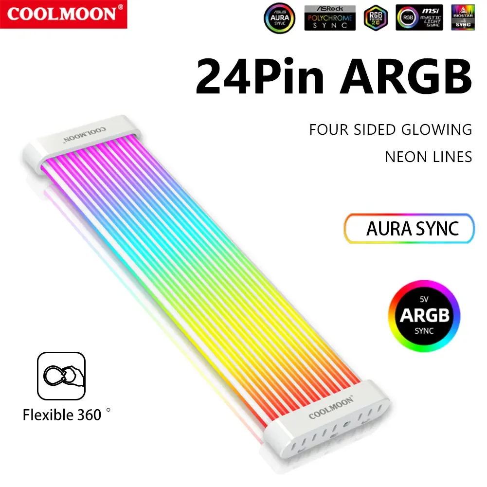 

COOLMOON ARGB LED Strip Light Fits 8PIN 24PIN Power Supply Cables Colorful Atmosphere Light For PC Computer Case Chassis