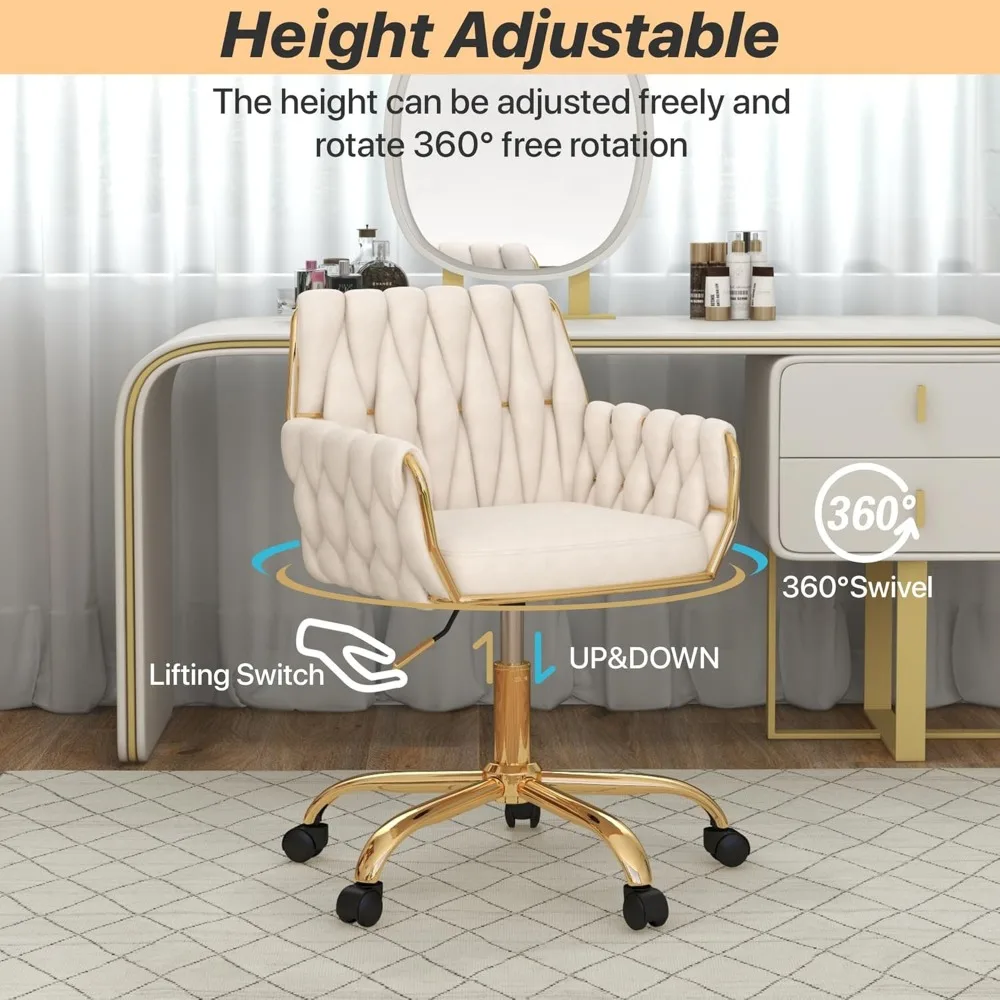 كرسي زينة حديث قابل للتعديل الارتفاع مع قاعدة ذهبية ومسند ظهر منسوج يدويًا لغرفة النوم والدراسة وغرف الغرور #4