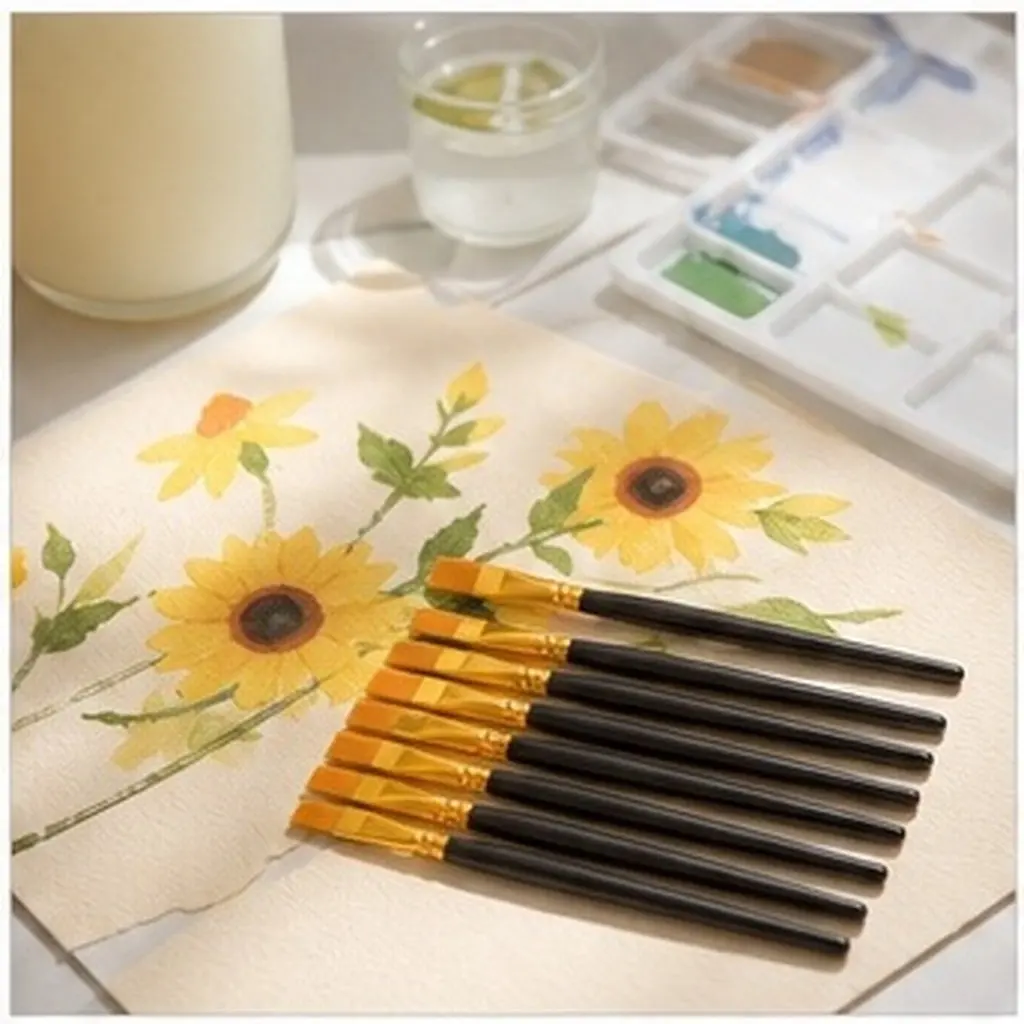 10Pcs Childrens Paintbrush Set Flat Nylon Hair Soft Wooden Handle Paintbrushes for Acrylic Watercolor Face and Body