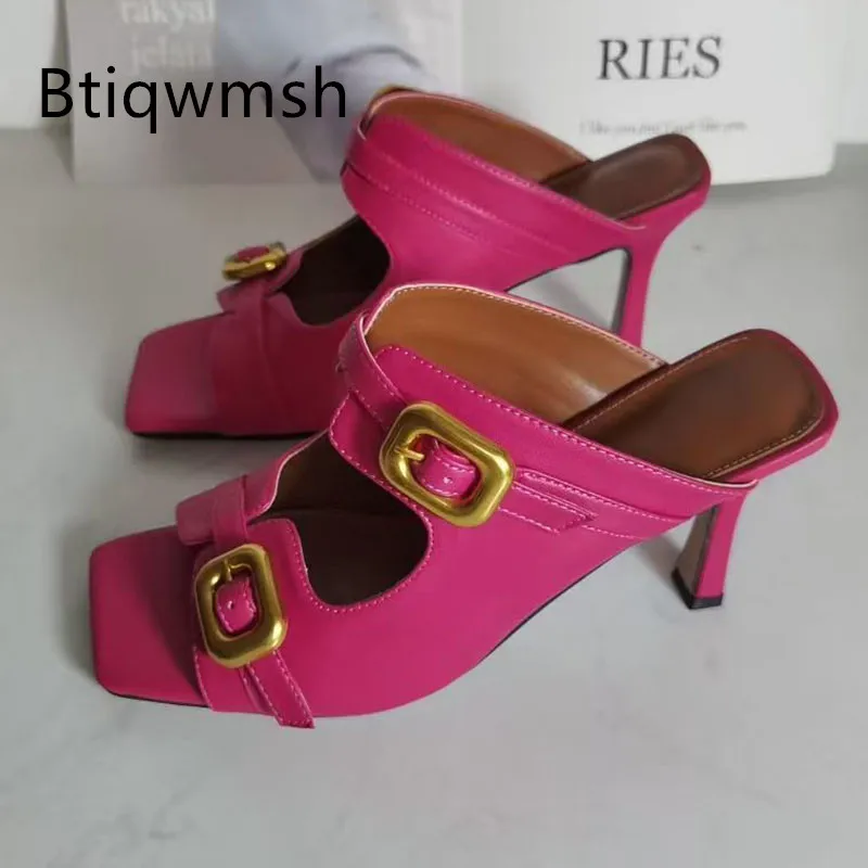 

Gold Metal Decor Gladiator Sandals Woman Open Toe Double Button Chunky High Heel Shoes Lady Fashion Muler Slippers