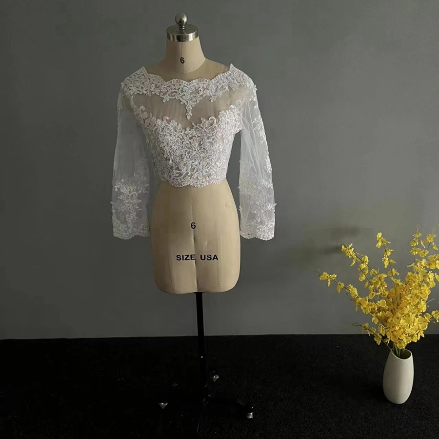 New Arrival Lace Appliques Shares of Women's Long Sleeve White Lace Shoulders Cropped Bolero Wedding Jacket 2025 Bridal Wraps