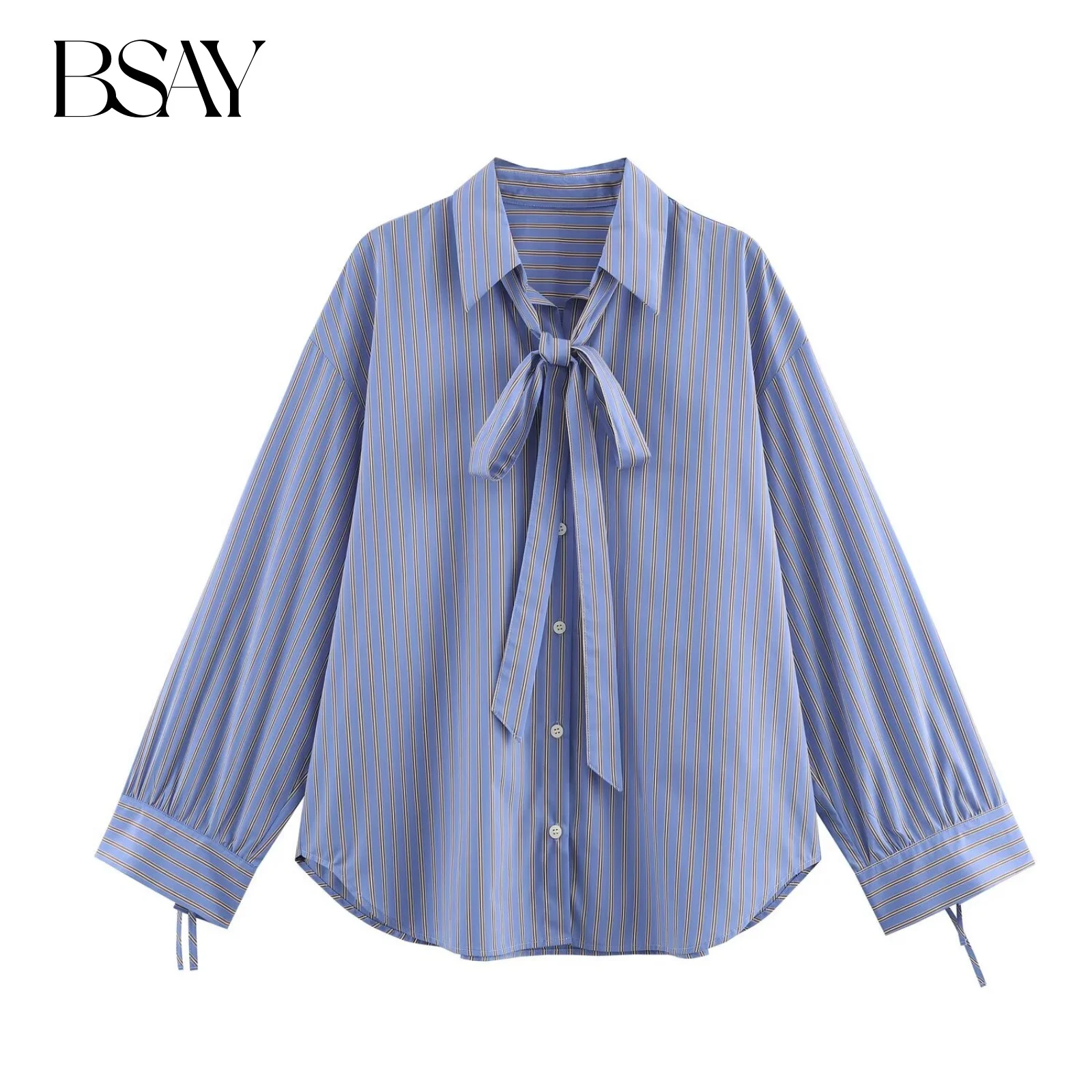 BSAY 弓ストライプシャツ女性ファッション秋の新ラペルルーズ長袖ボタンアップブラウスシックなオフィスレディース Tos mujer