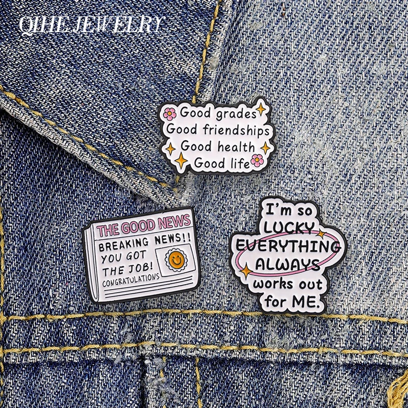 Positive Affirmation Motivational Quote Enamel Pins Lucky Everything Works Out Good Grades Good Life Brooch Lapel Badge Jewelry