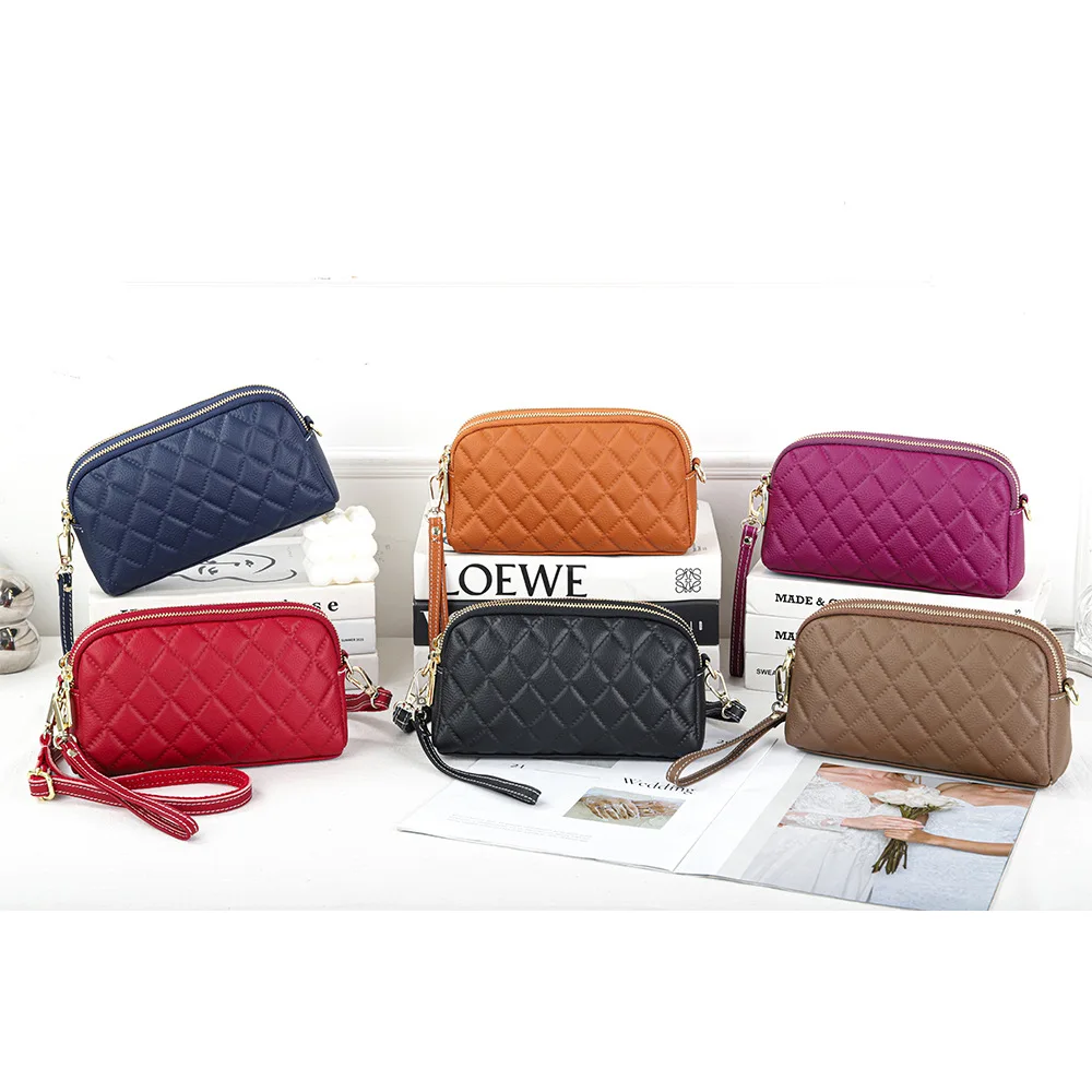 Imagem -02 - Bolsas Crossbody de Couro Genuíno para Mulheres Bolsas Pequenas em Relevo Bolsa de Ombro Acolchoada Compartimentos com Zíper Duplo na Moda