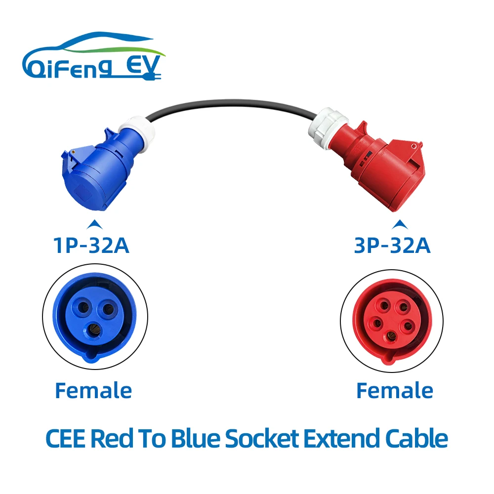 Adaptador de carga QiFeng EV convertir de 22KW a 7KW trifásico a 1 fase 32A CEE rojo hembra 5 pines conectar a azul hembra 3 pines