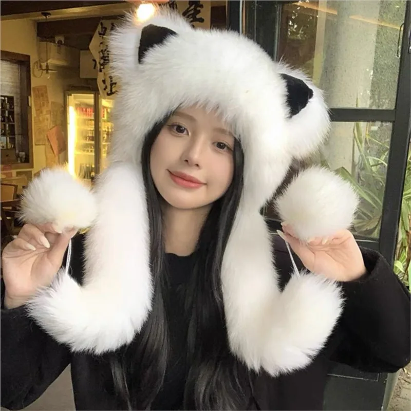 Women's woven warm fur hat children's ear scarf plush windproof
