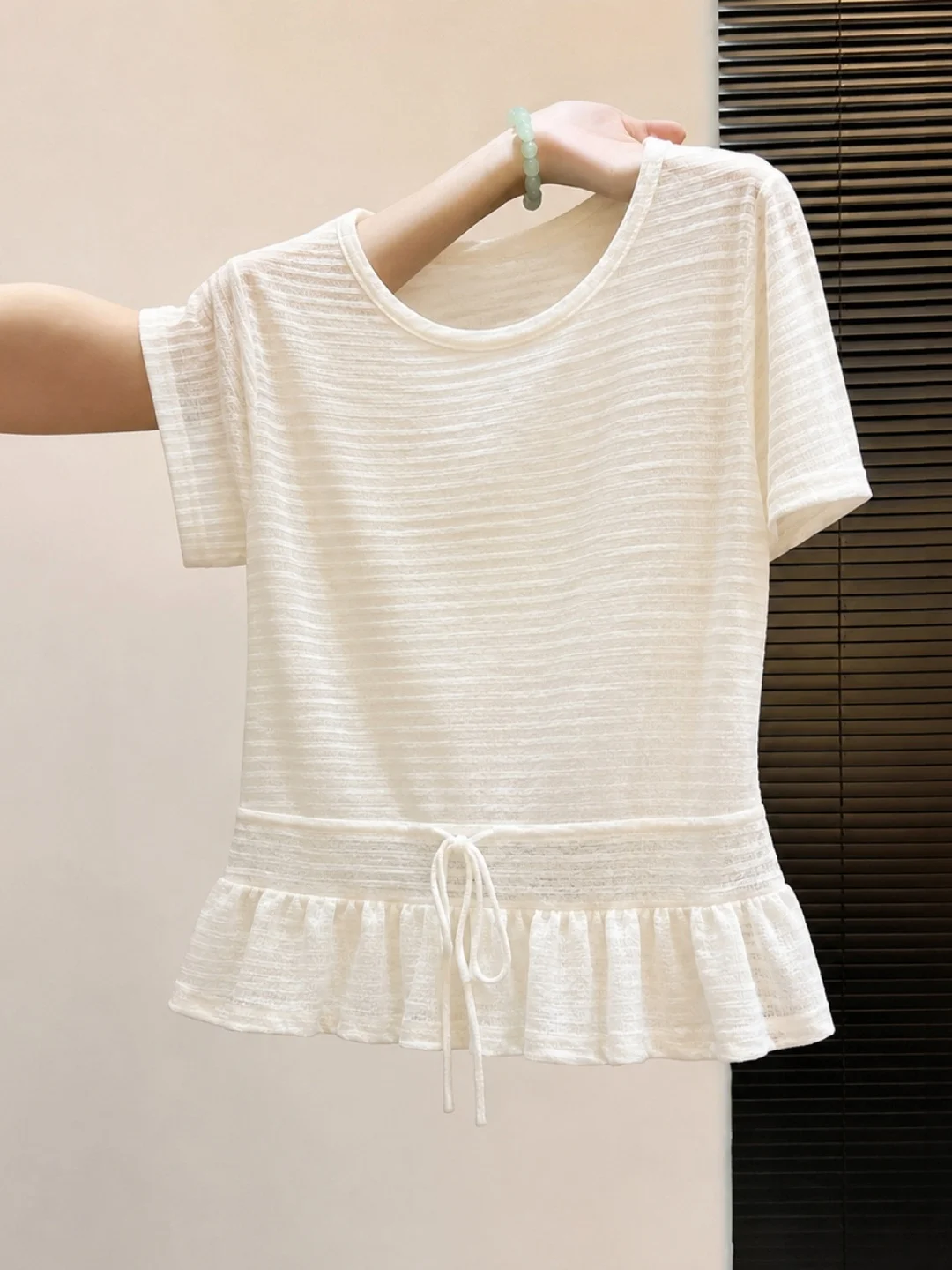 

Ice Silk Knitted Top Summer Short Sleeve Waist Cinched Slimming Commute Korean Style Belted Pure Color Versatile High End Fee...