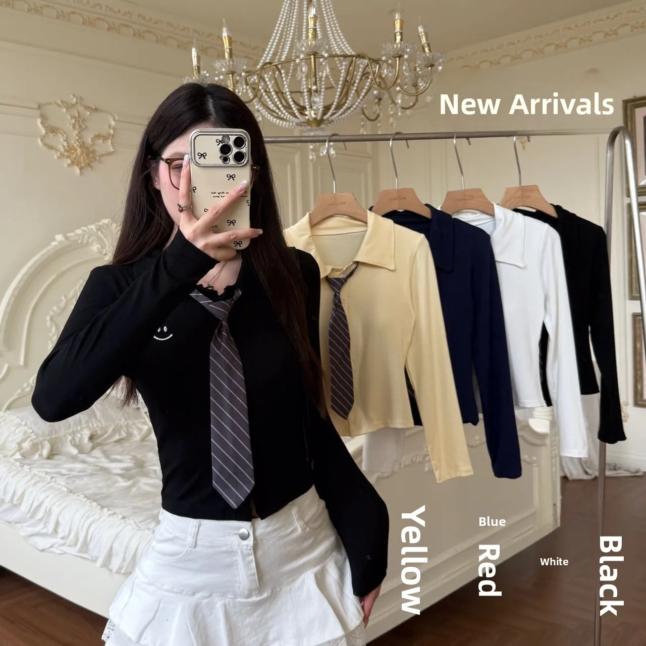 Korean Style Long Sleeve Slim Fit T-Shirt Smile Face College Style Sweet Girl Polka Dot Print Top Women's Fashion Spring 2024