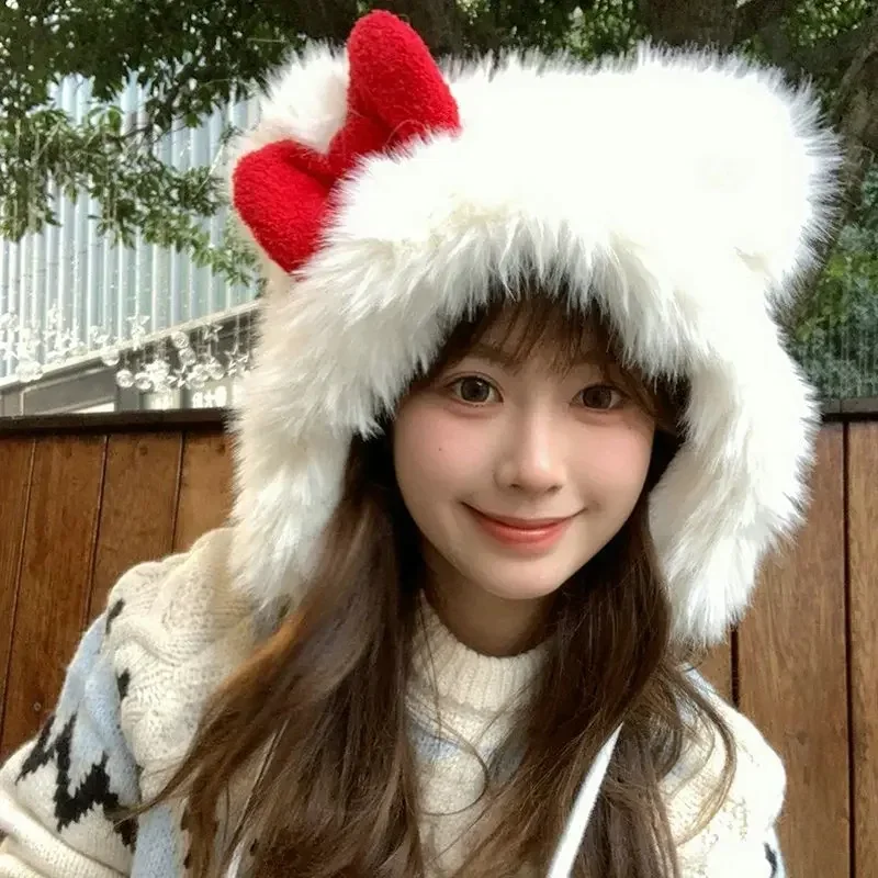 Kawaii Plush Thick Warm Cartoon Hat Sweet Bow Hats Winter Women Anime Bowknot Cute Warm and Ear-Protecting Lei Feng Cap