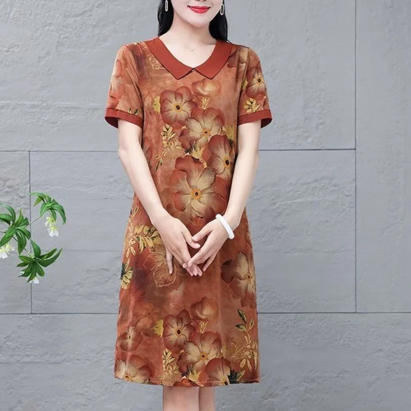 2024 Summer Women's New Patchwork Pullover Turndown Collar Printing Fashion Slim Fit Versatile Casual Short Sleeve Dresses