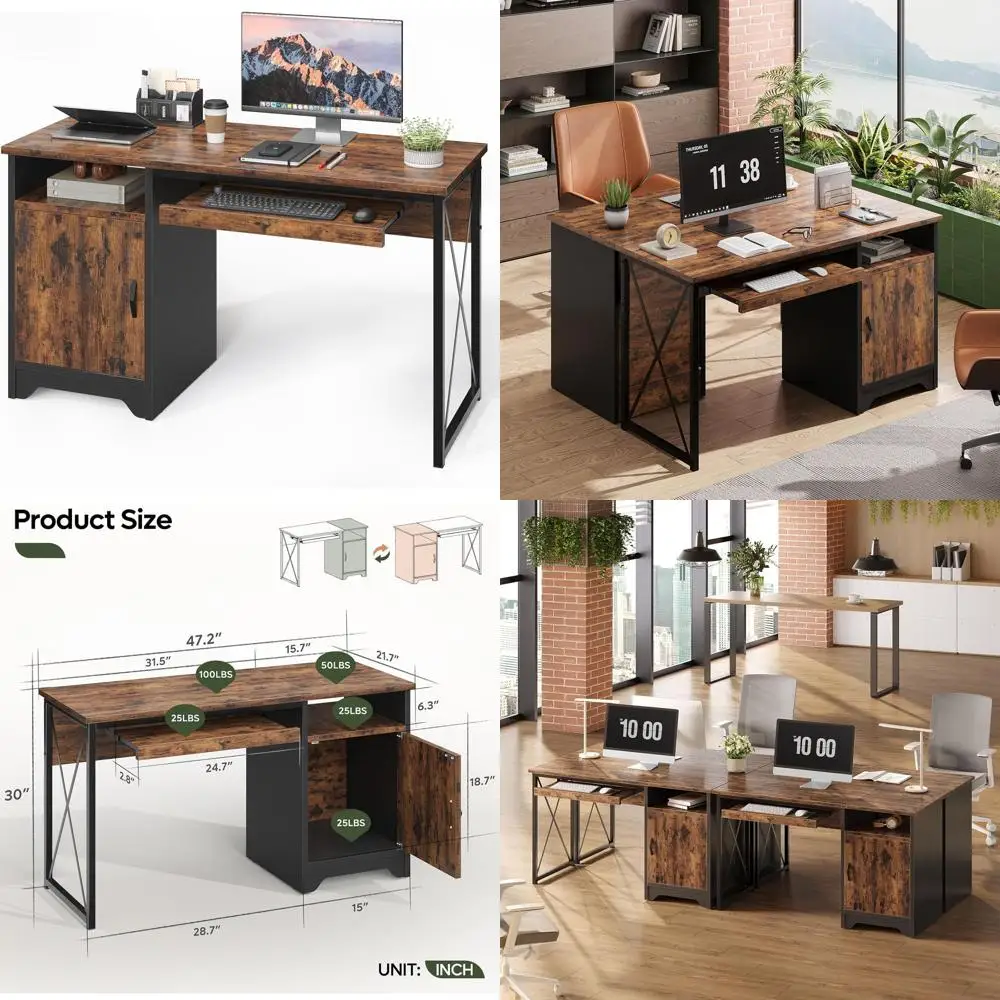 

47 Industrial Computer Desk with Storage, Reversible Executive Style, Rustic Brown