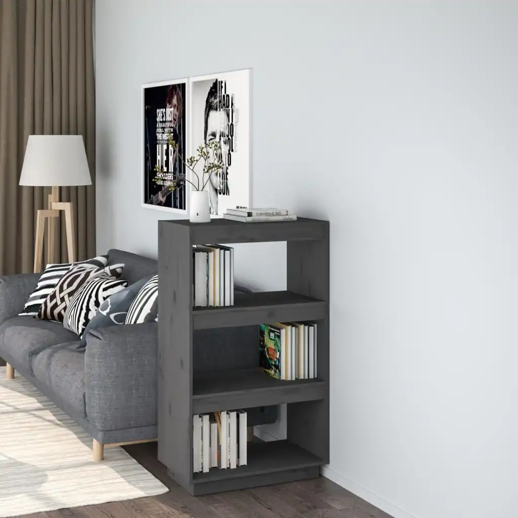 Bücherregal/Raumteiler, Grau, 60x35x103 cm, freistehendes Bücherregal aus massivem Kiefernholz mit offenen Ablagefächern für Wohnzimmer, Arbeitszimmer, Büro