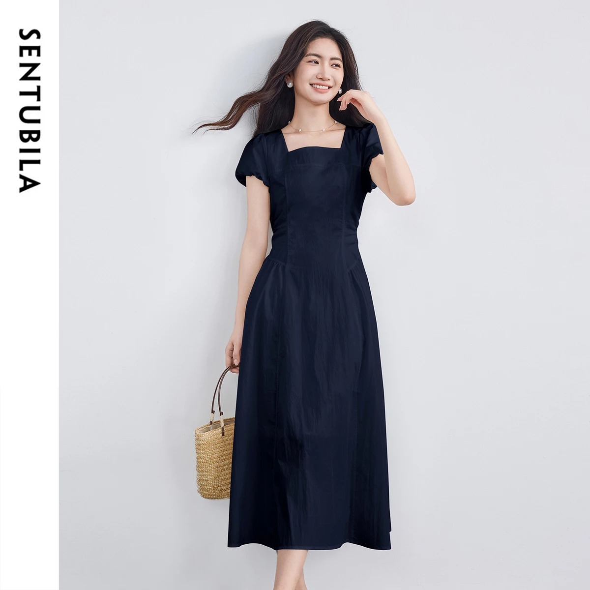 

SENTUBILA Women's Summer Blue Dress 2025 High Waist Bubble Short Sleeves Dresses Square Neck Commuting Birthday Dress W52LK2368