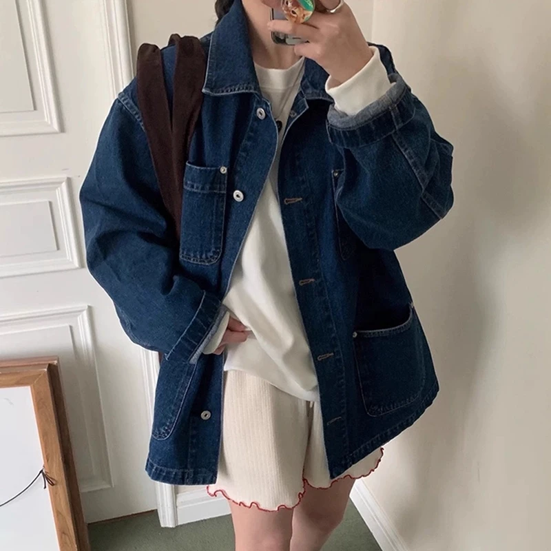 

Autumn Women Korean Vintage Blue Denim Jacket Multiple Pockets Loose Casual Lapel Single-Breasted Long Sleeve Jeans Jacket Coat