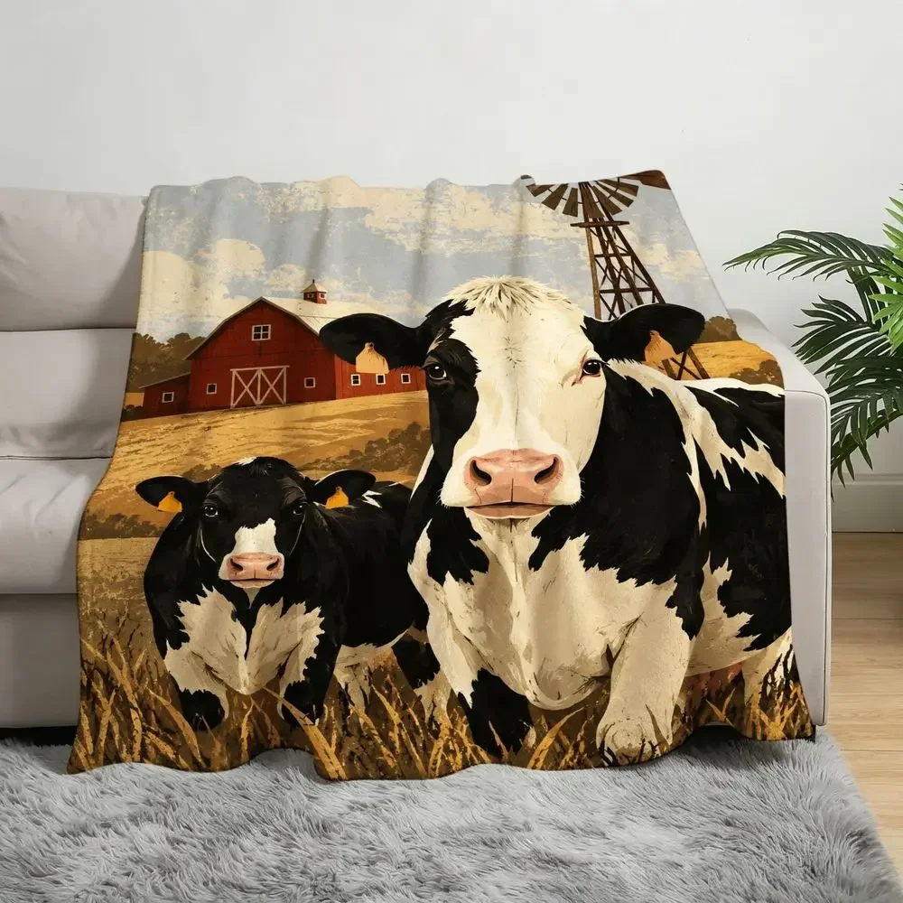 Pastoral Farm Scene Fleece Throw Blanket Soft Cozy Large Blanket with Holstein Cows Red Barn Windmill Golden Field for Room Sofa