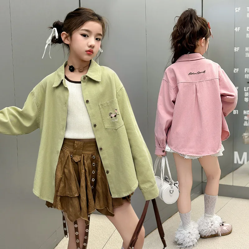 

Children Pink Green Color Long Sleeve High Low Curved Hem Shirt for Teen Girls Casual Spring Clothing Kids School Cotton Blouses